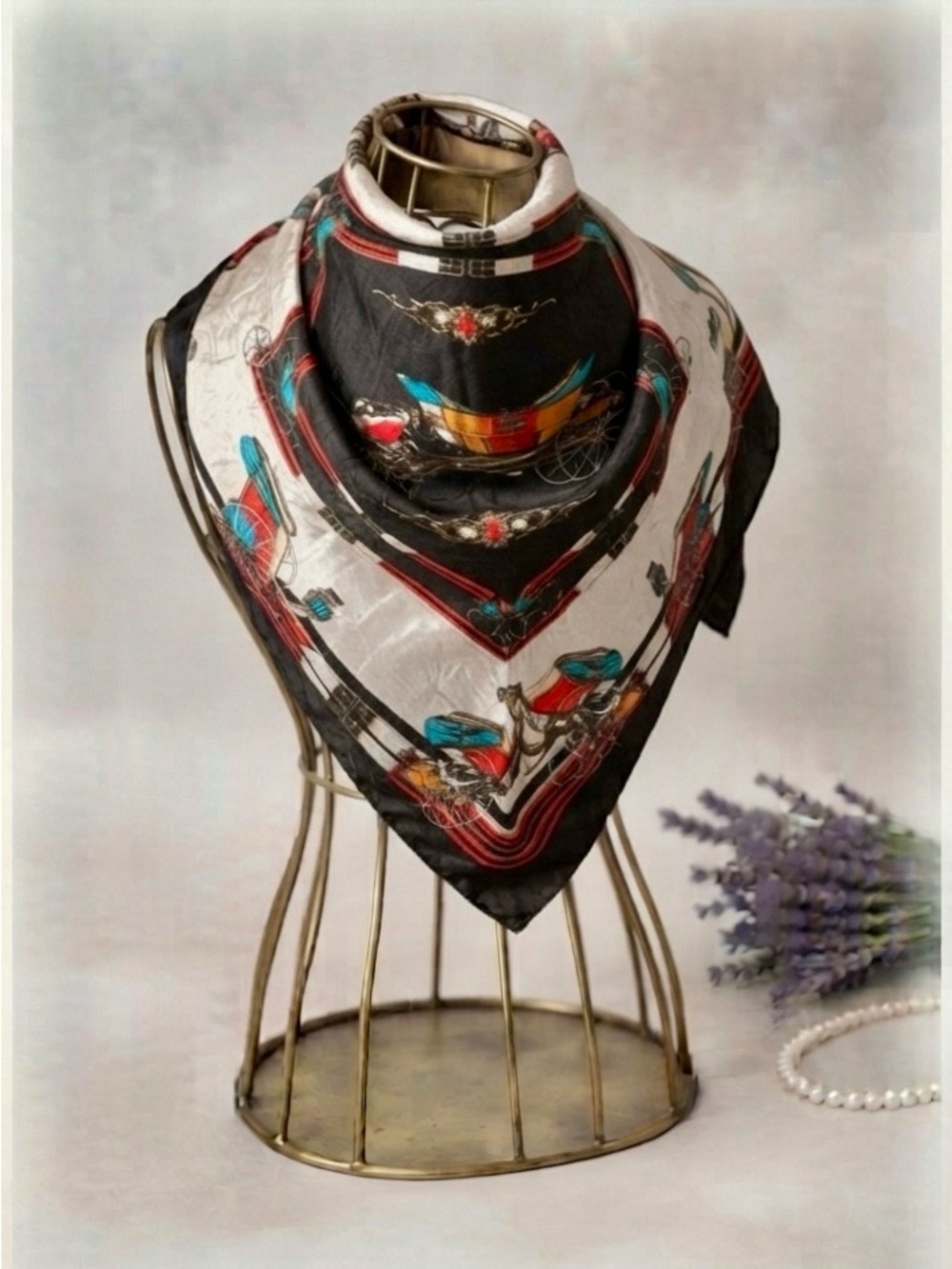 Vintage Singapore Horse Carriage Pure Silk Scarf